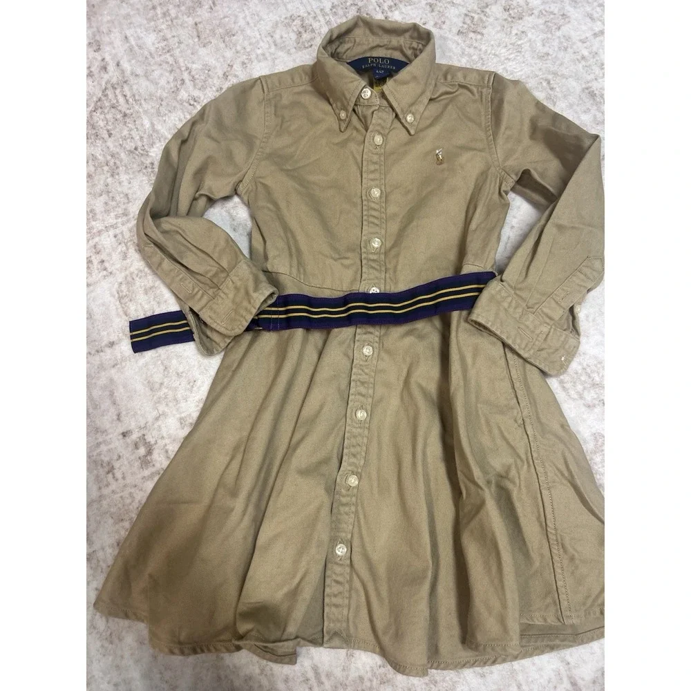 RALPH LAUREN Shirt-Dress Size 4‎ Girls Belted Chino Long Sleeve Khaki